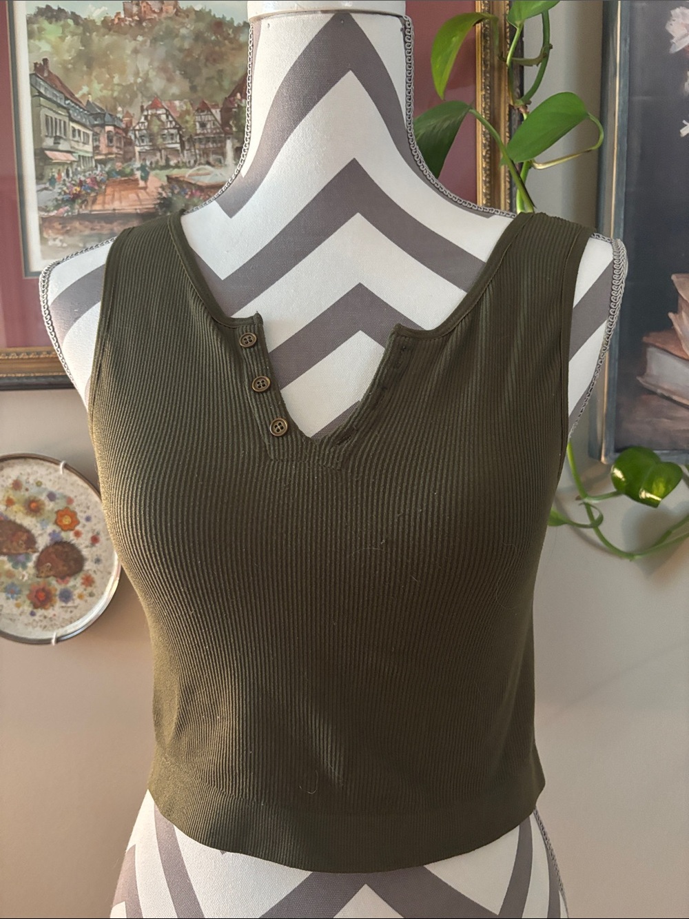 Ribbed V-Neck Crop Tank Top with Button Trim - Olive Green